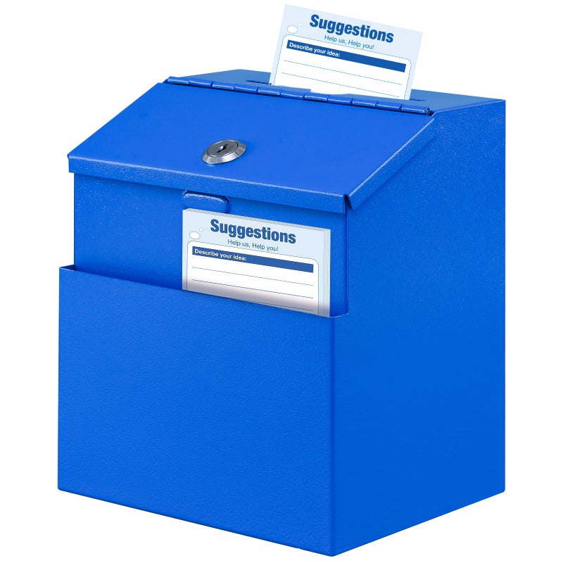 KYODOLED Suggestion Box with Lock, Metal Wall Mounted Donation and Ballot Drop Box with Slot & 2 Keys, 50 Free Suggestion Cards, 8H x 5.7W x 7L Inch, Blue - Image 1